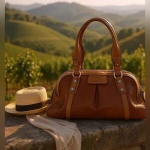 COLE HAAN Vtg Style Medium Travel Satchel Bag Brown Leather Top Handle Luggage